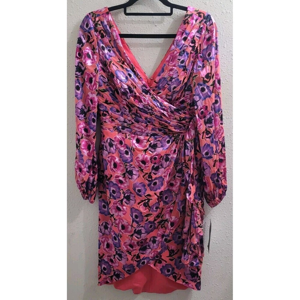Theia Monika Draped Burn Out Satin Cocktail Tulip Faux Wrap Dress Size 4 NEW